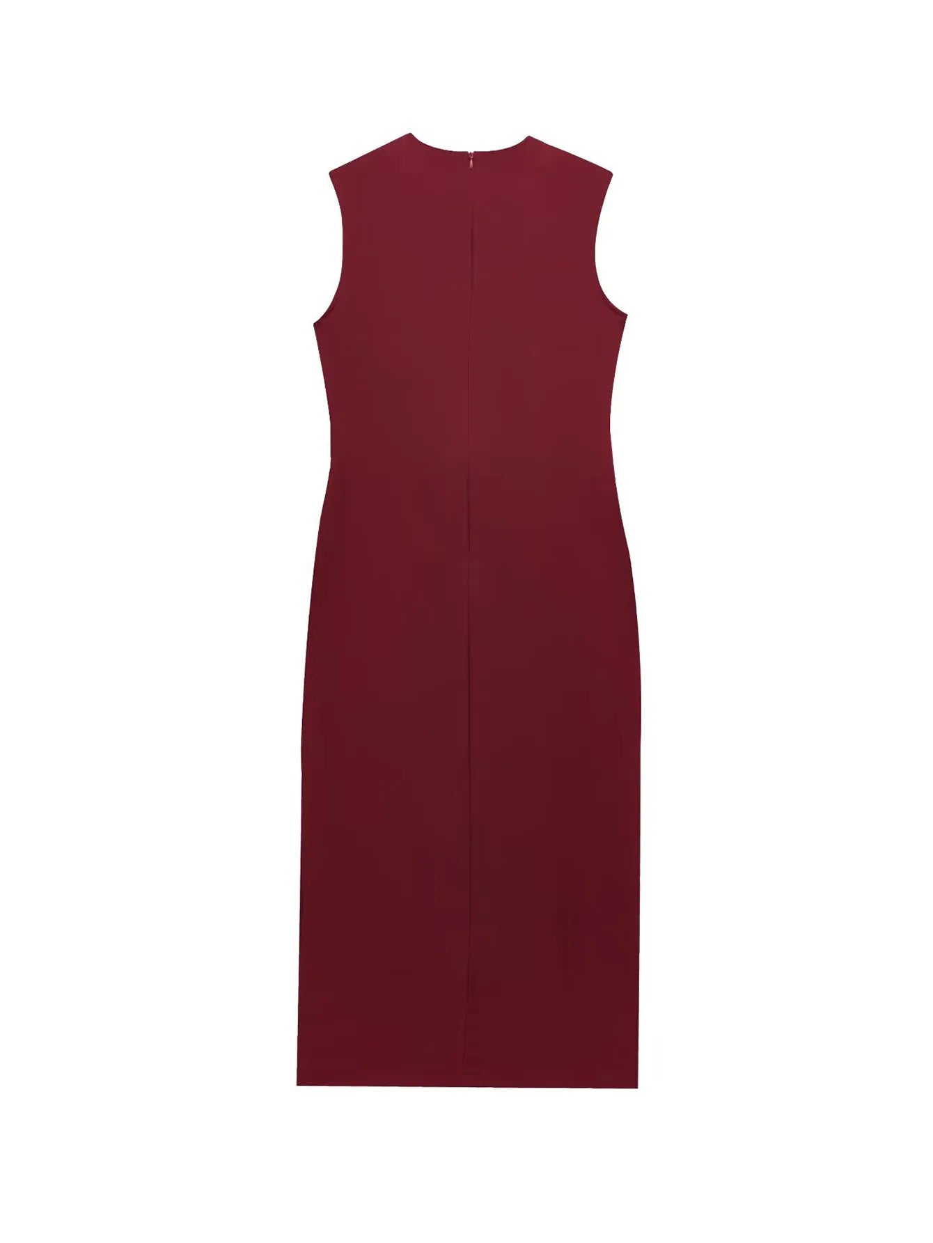 Female Summer Elegant Midi Dress O-Neck Hem Slit With Belt Sleeveless Single Breasted Back Zipper Fashion Long Dress