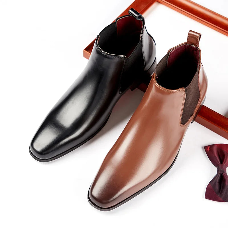 Elegant Simple Men Leather Boots Long Tip Square Toe British Chelsea Boots for Men Formal Business Luxury Shoes Spring Winter