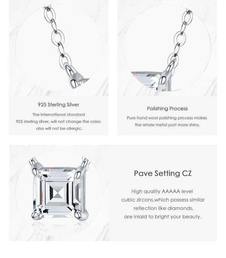 Real 925 Sterling Silver Square Emerald cut Clear CZ Classic Necklace Pendant For Women Wedding Charm Fine Jewelry 2020