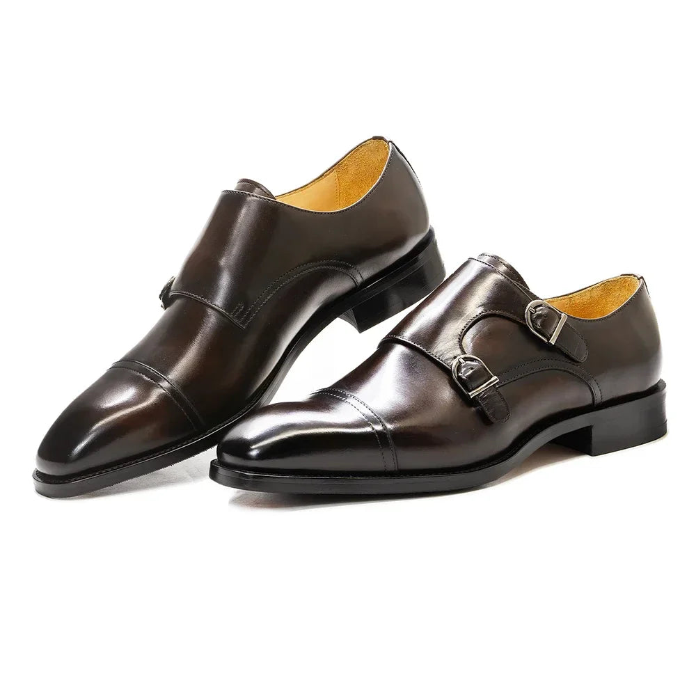 Luxury Genuine Leather Double Buckle Monk Strap Formal Shoes for Men Classic Cap Toe Business Office Wedding Dress Shoes