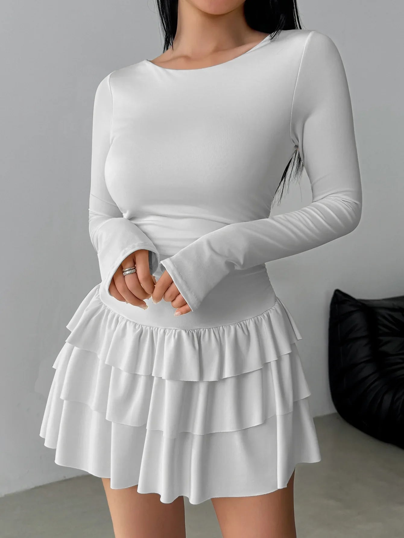 Autumn Winter Solid Color Slim Fit Cascading Ruffles Mini Dress Women Elegant Flare Sleeve High Waist Sexy Party Bodycon Dresses