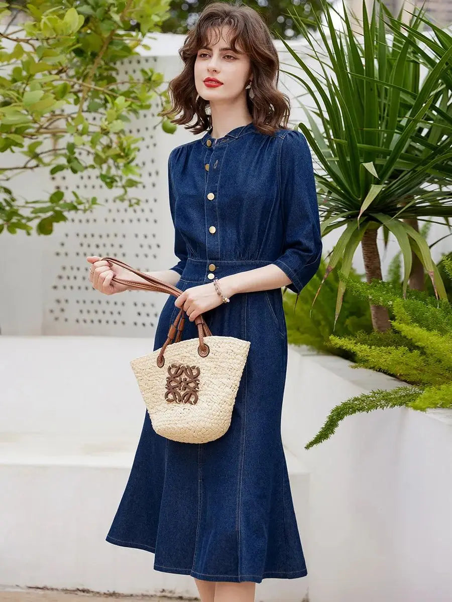 Women Denim Dress Retro Style Casual 2024 Spring Round Neck Three-quarter Sleeve Slim Fit A-line Fishtail Dress