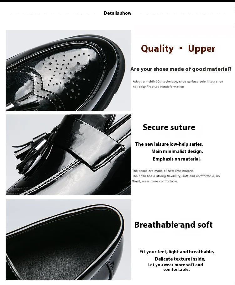 Fashion Golden Men's Casual Slip-On Tassel Patent Loafers Thick Bottom Elevator Shoes Men's Party Shoes Business Shoes Brogue