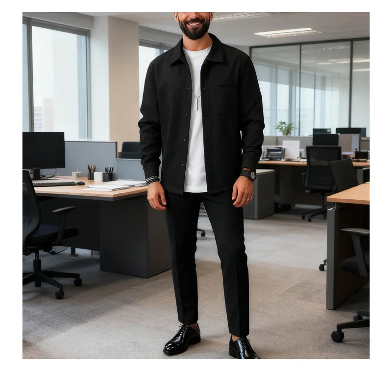 Men's Polyester Brushed Jacket, Lapel Button/Zipper Coat with Pocket, Comfortable Casual Autumn Winter Office Business Wear
