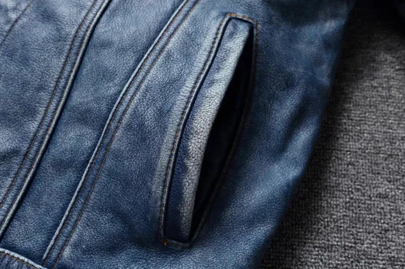 Men's Motorcycle Leather Jacket Light Blue Ami Khaki Retro Graphite Distressed Denim Genuine Leather Jacket Slim Short Jacket