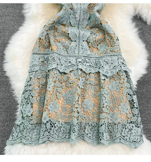 Retro Court Sle round Ne Fly Sve Slimming Soluble Hook Flower Hollow A-Line Dr Summer New Arrival Women's Faion