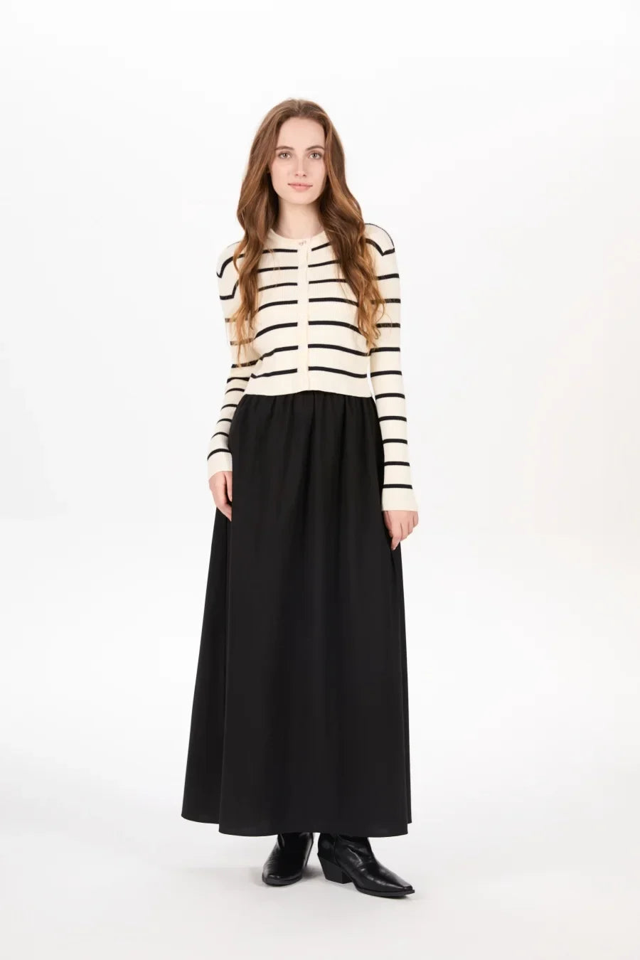 AW25 stripe knitting cardigan + sleeveless patch dress maxi matching set for woman clothing