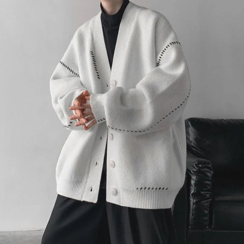 Autumn V-neck Cardigan Sweater Men Women Streetwear Loose Lazy Style Korean Vintage Knitwear Jacket Fashion Brand Mens Cardigan