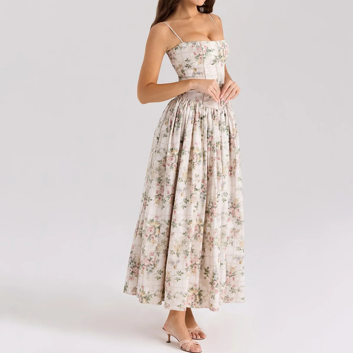 Summer Floral Print Dress Elegant 2025 New Arrivals Spaghetti Strap Flare Dress Maxi Holiday Party Dresses Women