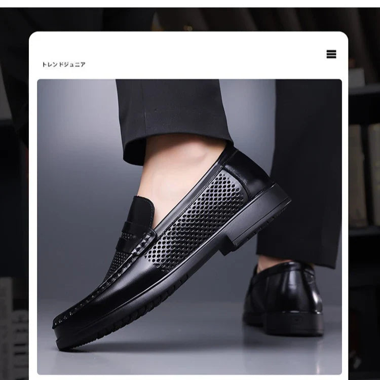 2026 Summer New Men's Breathable Leather Loafers Slip-On Hollow Out Casual Business Casual Shoes for Man Flat Driving Shoes Male