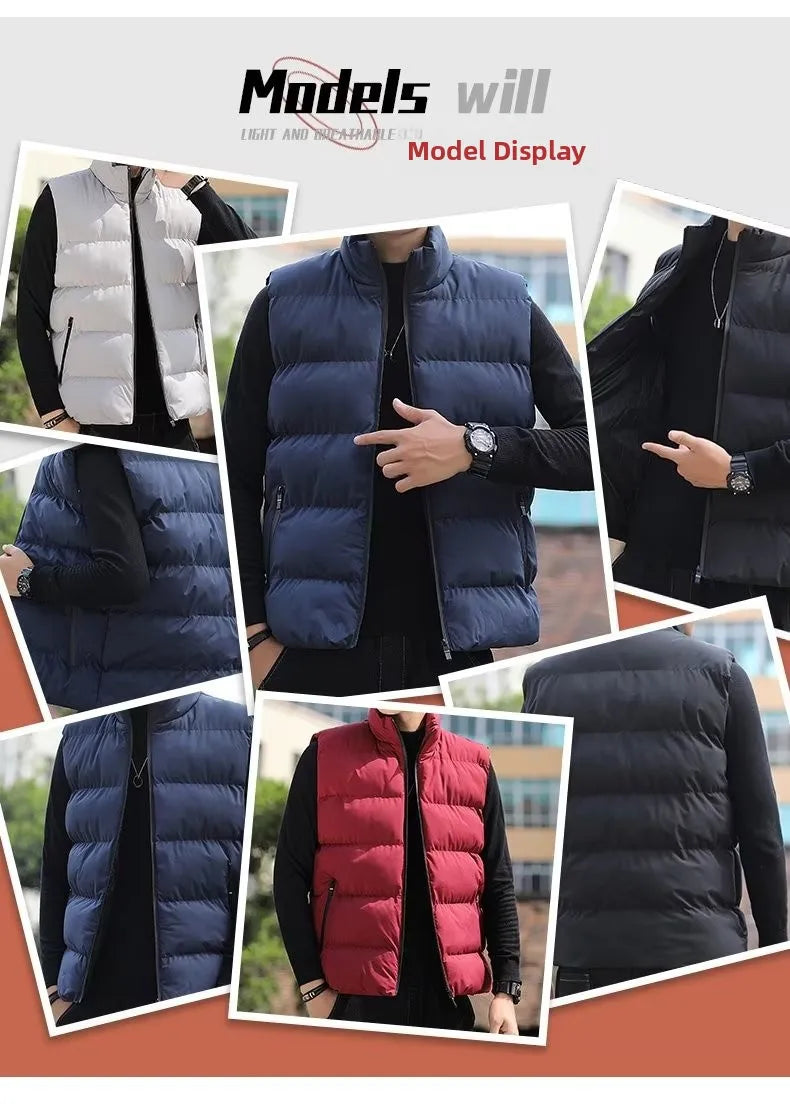 Men's down Vest Thickened Casual Style Stand Collar Jacket Autumn Winter New Fashion Youth Active Fit Zipper Pocket Daily Wear