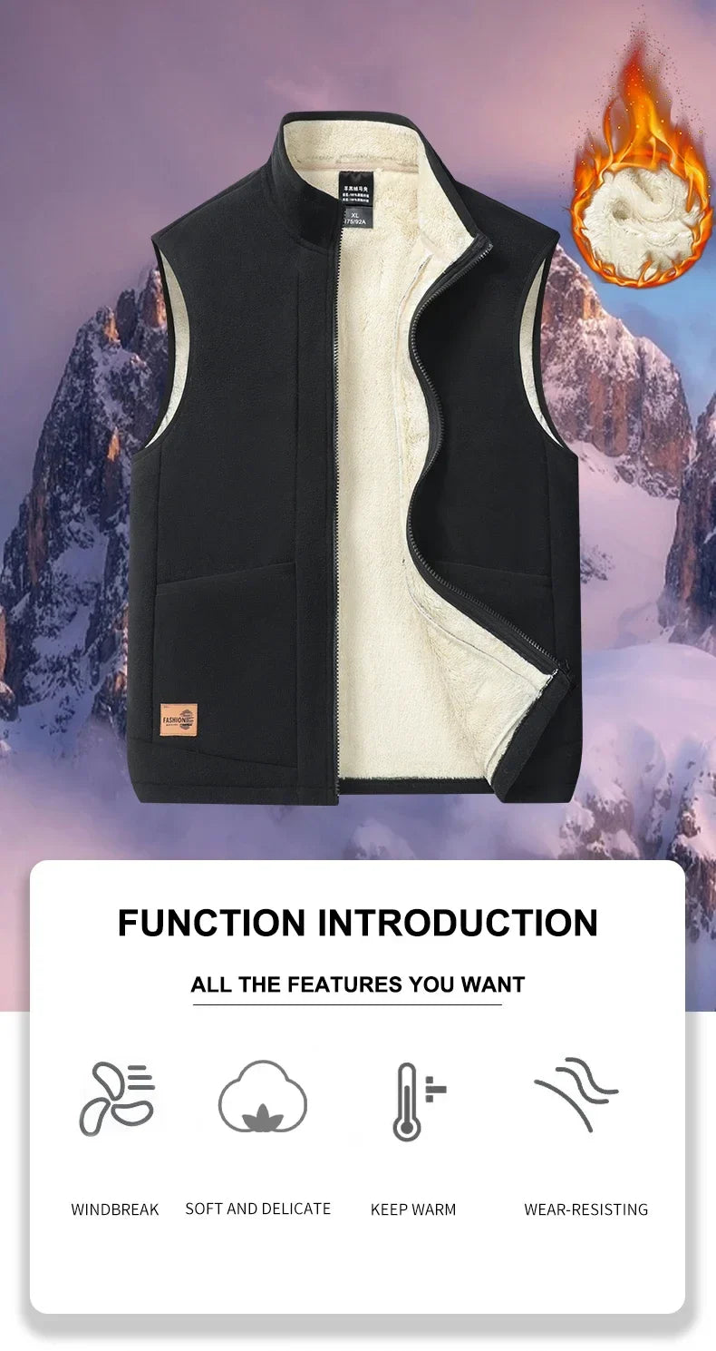 2024 Autumn and Winter Lambswool Vests Men New Warm Padded Stand-up Collar Large Size Casual Versatile Trend Jacket Shoulders