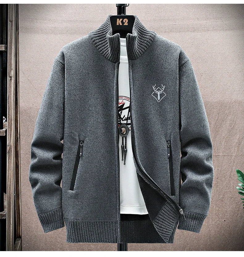 New Men's Fleece Cardigan Sweater Embroidery Casual Knit Sweater Jacket High Quality Male Autumn Winter Clothing