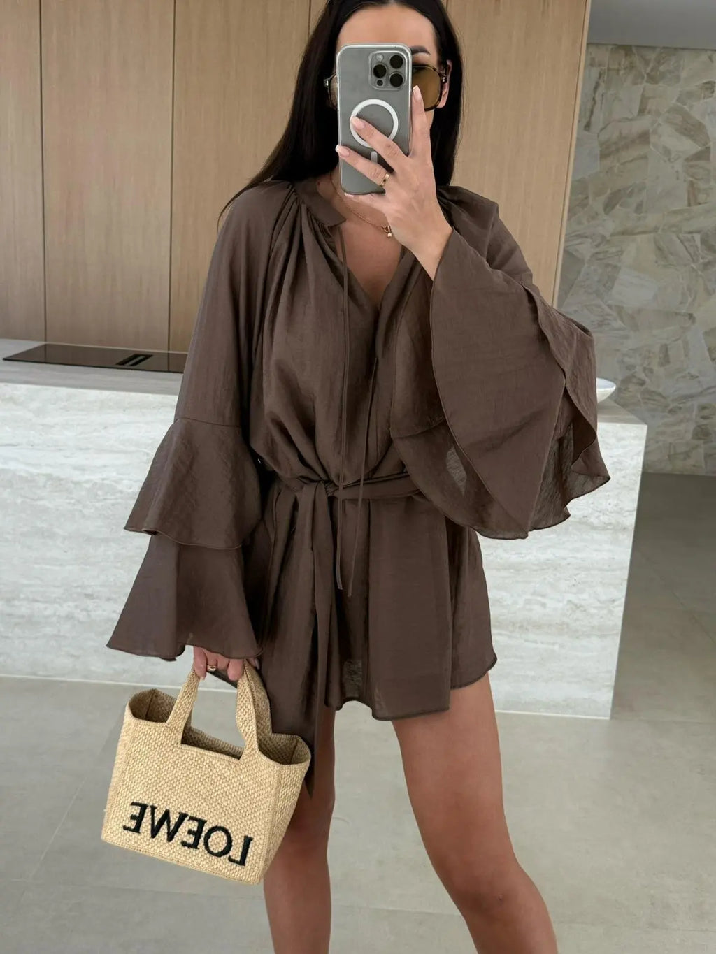 2026 Autumn Ruffle Loose Mini Dress Casual Flare Sleeve Holiday Dresses Sexy Deep V-neck Lace Up Solid Women's Dress Vestidos