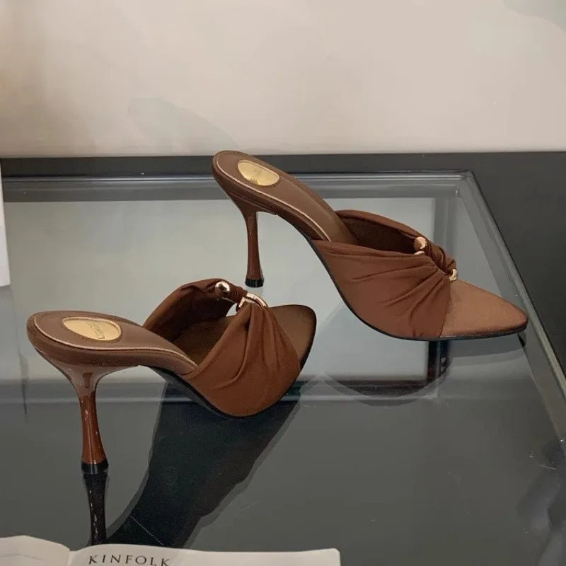 Sexy Pleated Hollow Out Buckle Strap Women Sandals Summer Pointed Toe Thin High Heels Banquet Party Female Shoes