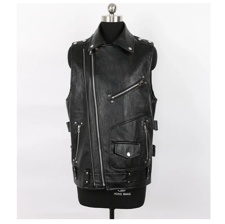 Autumn Black Motorcycle Pu Leather Vest Men Zipper Pockets Plus Size Faux Leather Biker Sleeveless Jacket 4xl 5xl