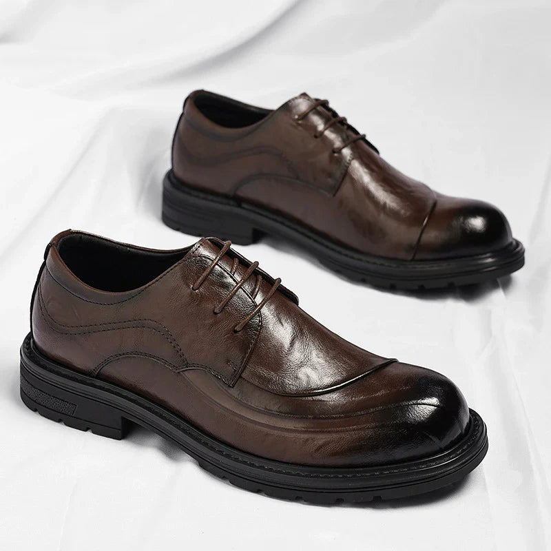 Brown Burnished Genuine Leather Lace Up Chunky Sole Formal Business Office Groom Wedding Daily Wear Shoes Fashion Comfortable