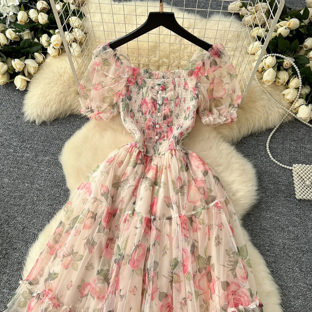Retro Floral Chiffon Dr Women's Waist Cinched Bubble Sve Me Skirt Tea Break Gentle Soft Sle Korean High Waist A-Lin...