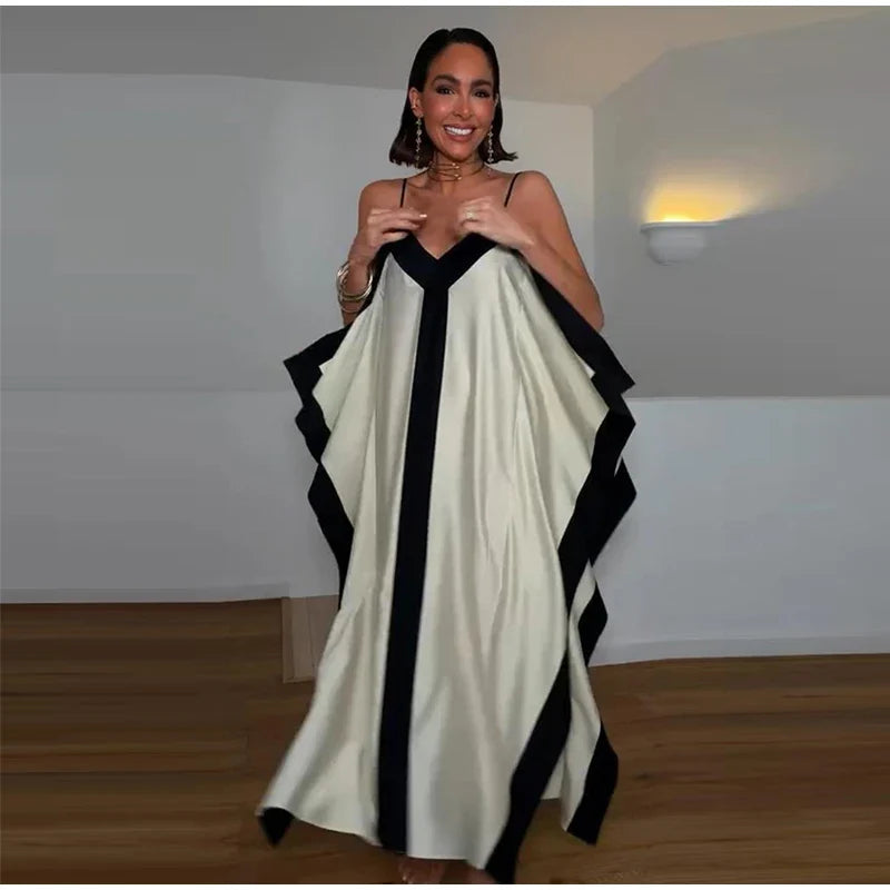 Contrast Black Trim Satin Maxi Dress Deep V Neck Loose Flowy Ruffle Hem Lady Long Gown 2026 Summer Formal Chic Vacation Dresses