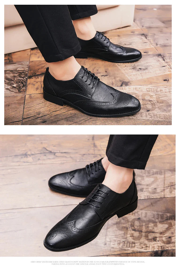Lace-up casual leather shoes Men's wedding carved Brogues men's formal business pointed shoes Groom's leather shoes