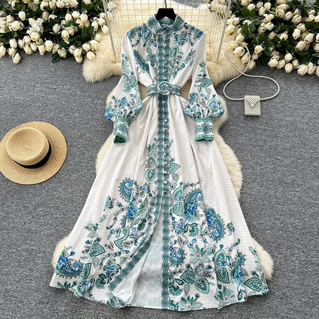 Retro Faion Print Stand Collar Single Button Women's Dr Waist Cinched Floor Length Skirt Korean Sle High Waist Long Sl...