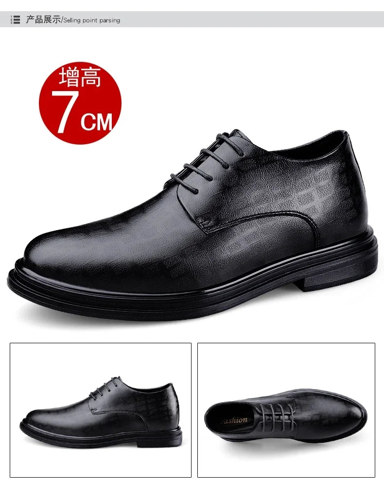 Men Dress Shoes Elevator Shoes Platform Breathable Casual Business Luxury Genuine Leather Soft Heightening Shoes 7CM Taller Male