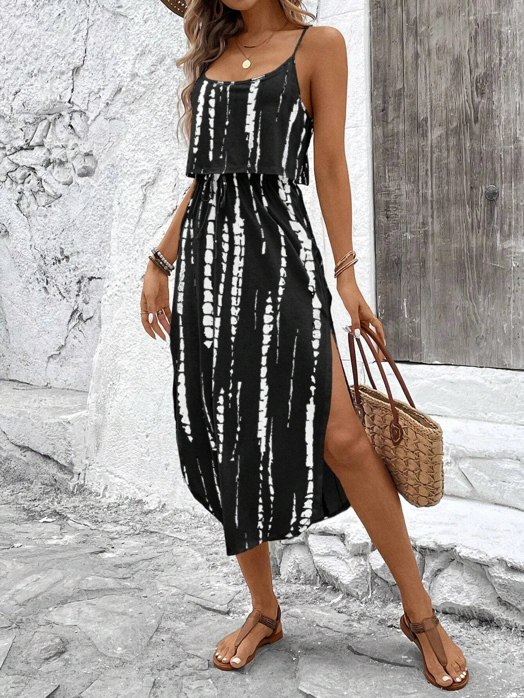 Women's Summer Spaghetti Strap Dress with Belt & Side Slit - Casual Sleeveless Flowy Dress