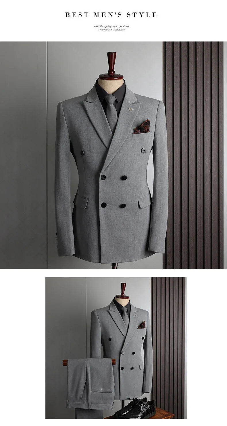 Man Suit Outfit Double-breasted Blazer Men V-neck Vest Straight-leg Pant Male Slim Business Wedding Three-piece Set