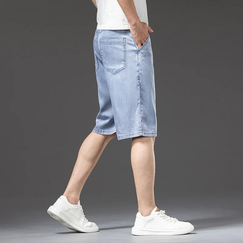 Lyocell Thin Men's Baggy Denim Shorts Loose Summer Casual  Stretch Soft Straight Jeans Male Brand Shorts Male Blue Grey
