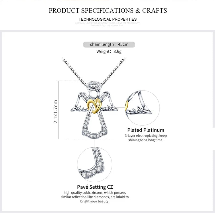 925 Sterling Silver Guardian Angel Pendant Necklace Angel Wing Chain for Women Dazzling Zircon Luxury Jewelry SCN123