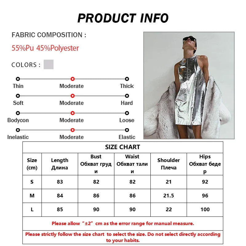 Sexy Slim Sliver Pu Leather Dress Ladies Bodycon O-Neck Sleeveless Dress Elegant Classicc Party Dresses For Women 2023