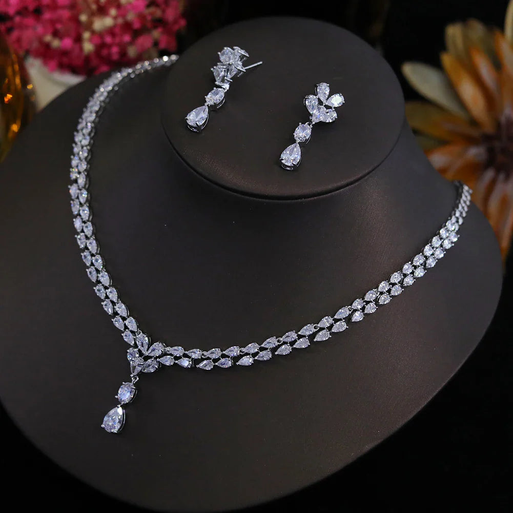 New Design Luxury Cubic Zirconia Water Drop Necklace Earrings Set for Women High Quality Wedding Party Dress Jewelry