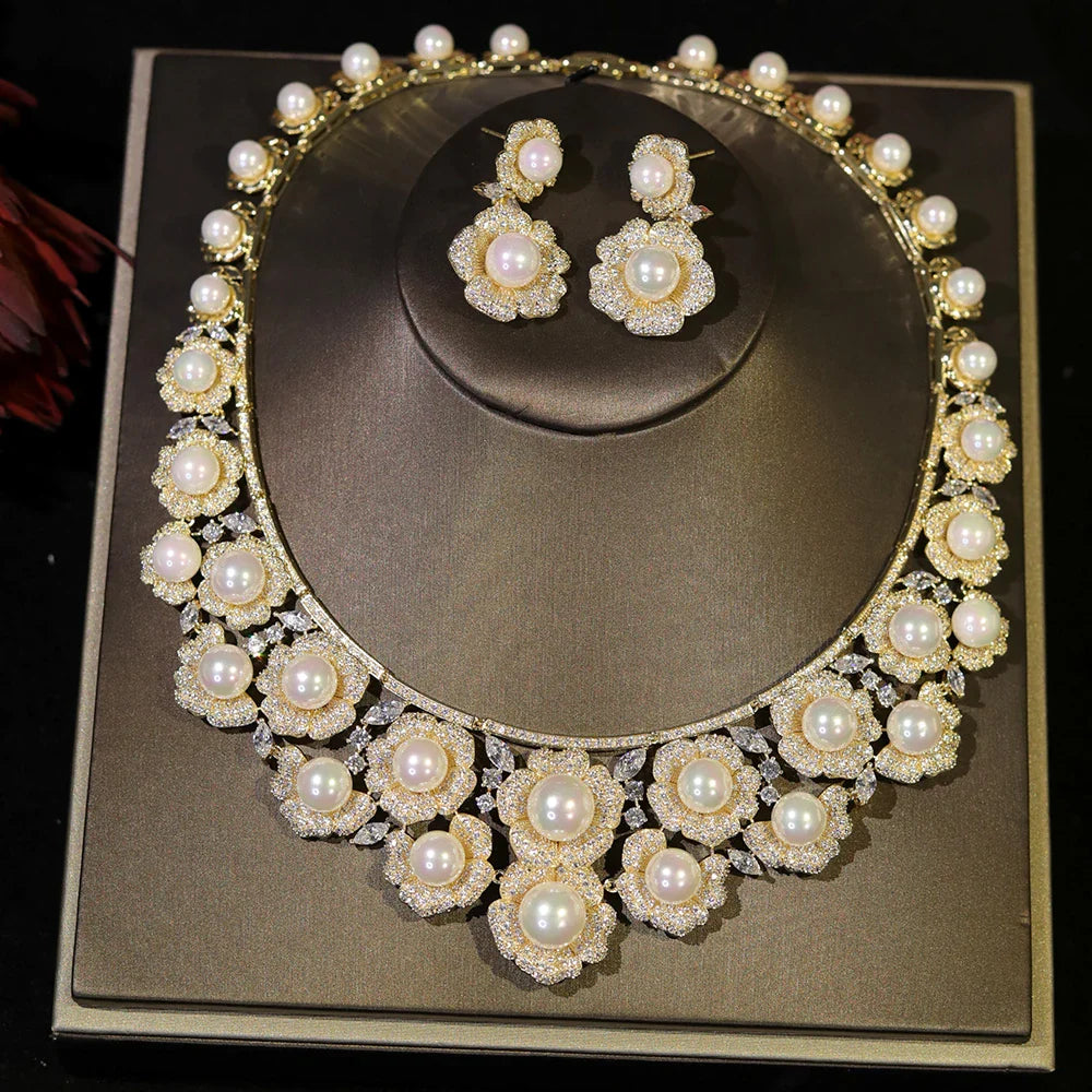 High Quality Zircon Pearls Jewelry sets Luxury Designer Flower Necklace Women Sparkling Dubai Bridal Party Costume Accessories