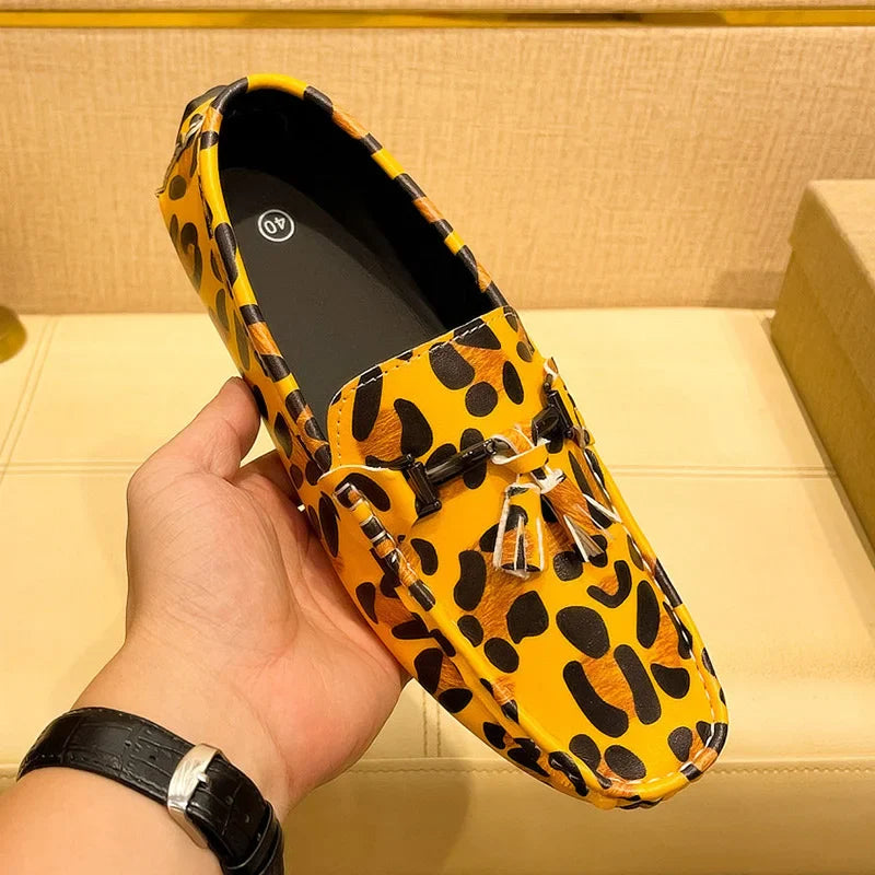 Fashion Red Leopard Leather Casual Shoes Man Designer Tassels Loafers Men Comfortable Slip-on Men's Driving Shoes Large Size 48