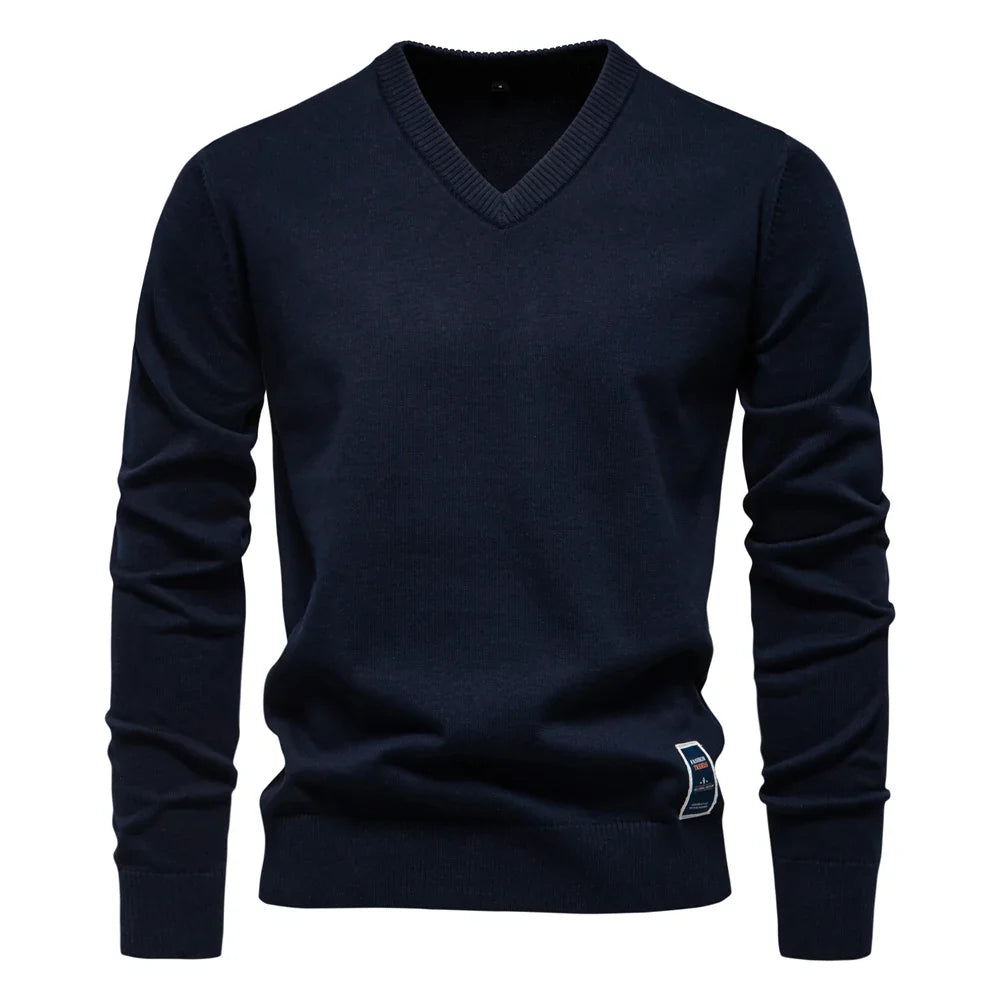 Mens V-neck Solid Cotton Pullover Sweaters Long Sleeve Casual Social Knitted Sweaters for Men