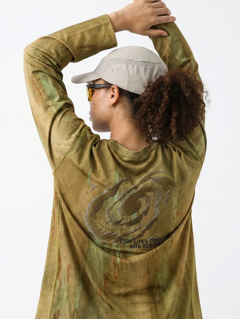 Men's Wasteland Style Long Sleeve T-Shirt - Distressed Digital Print & Loose Elastic Fit Casual Top Unisex