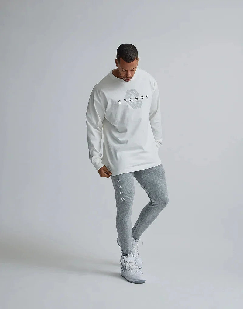 CRONOS Classics Print Long Sleeve 100% Cotton Men T-shirt Gym Fitness Bodybuilding Workout Casual T Shirt Male Sport Tee Tops