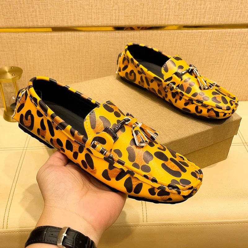 Fashion Red Leopard Leather Casual Shoes Man Designer Tassels Loafers Men Comfortable Slip-on Men's Driving Shoes Large Size 48