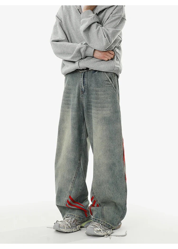 American retro baggy wide leg jeans for men and women  loose casual striped washed long pants
