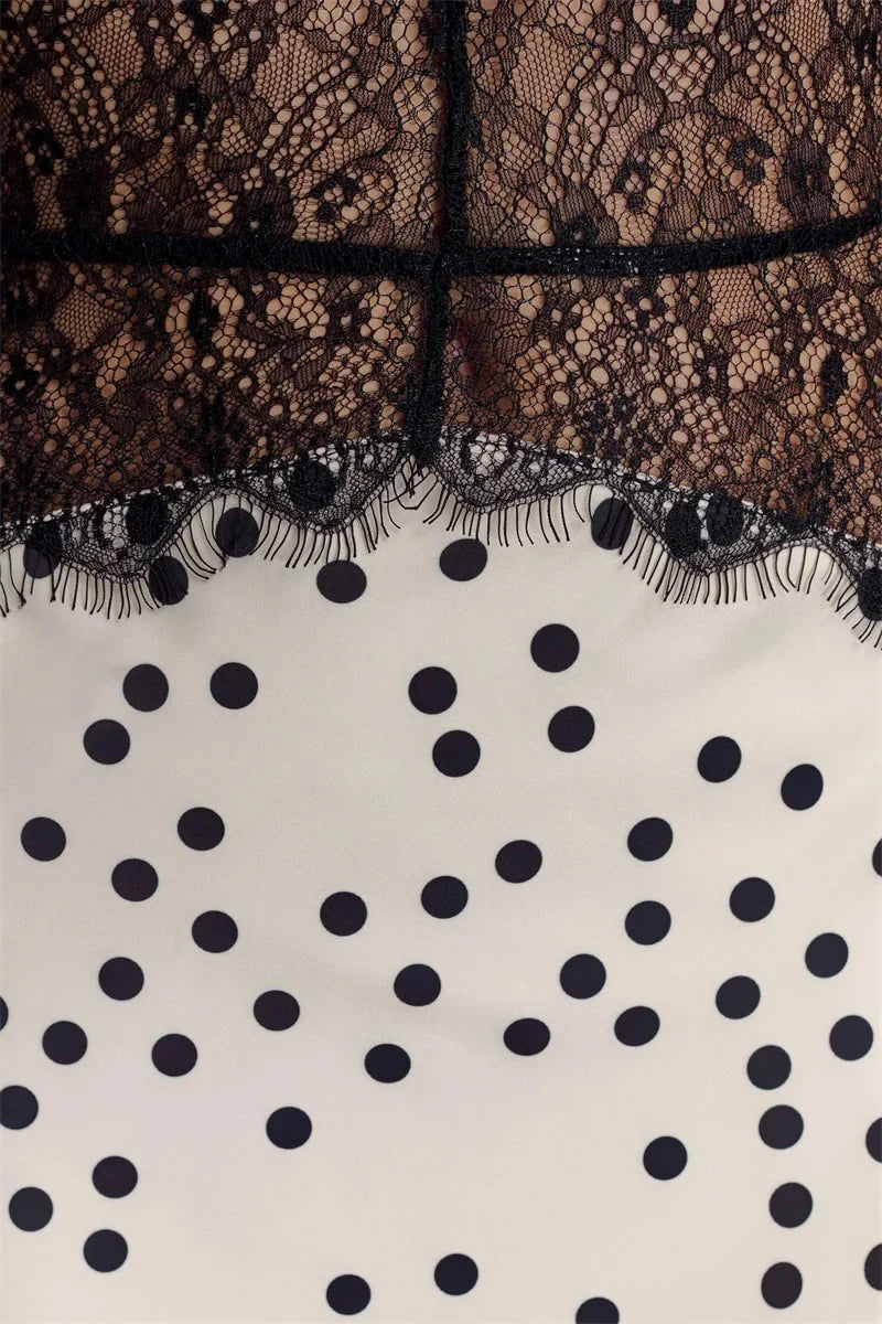 Polka Dot Backless Sexy Maxi Dress Women Gown Elegant Patchwork Lace Halter Deep V Neck Sleeveless Bodycon Club Dress