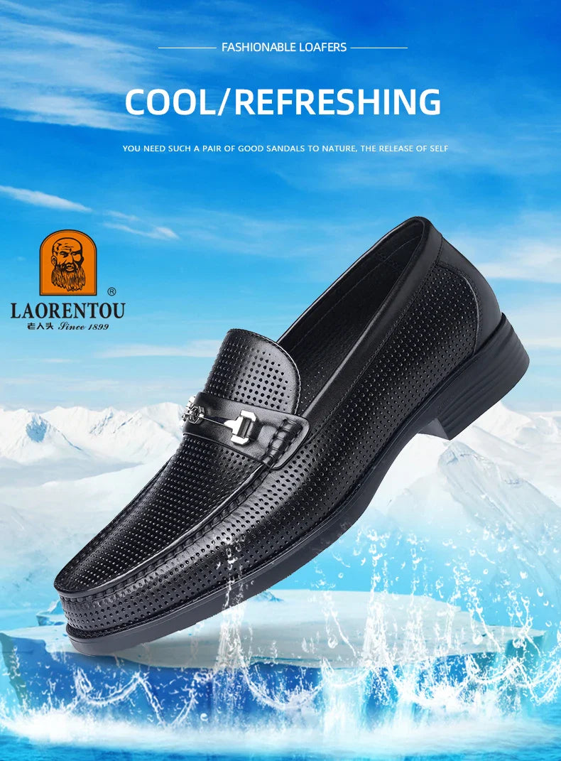 LAORENTOU men's bean shoes, genuine leather hollow out breathable business casual dad leather sandals, soft soled loafers10790DW