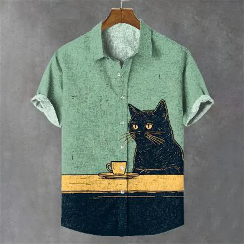 Short sleeved high-end shirt top printed street party social fashion 2024 men's shirt plus size elegant and handsome dog