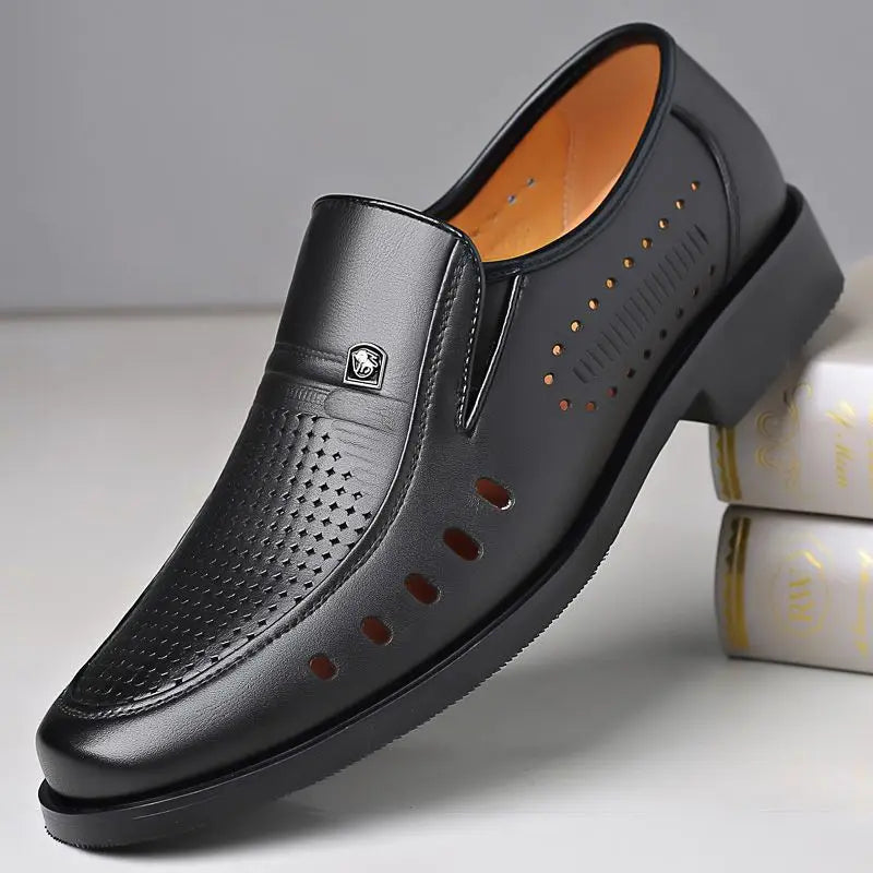 Hollow Breathable in Summer Round Toe Dress Shoes Man Soft Leather Casual Footwear 2025 Style Gentleman New Social Shoe for Men