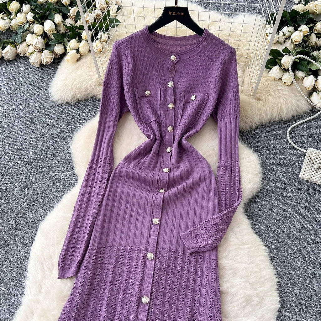 Brand Fashion Aesthetic Patchwork Knitted Maxi Dress Autumn Winter Women Luxury Shirt Sweater Dress Office Lady Vestido