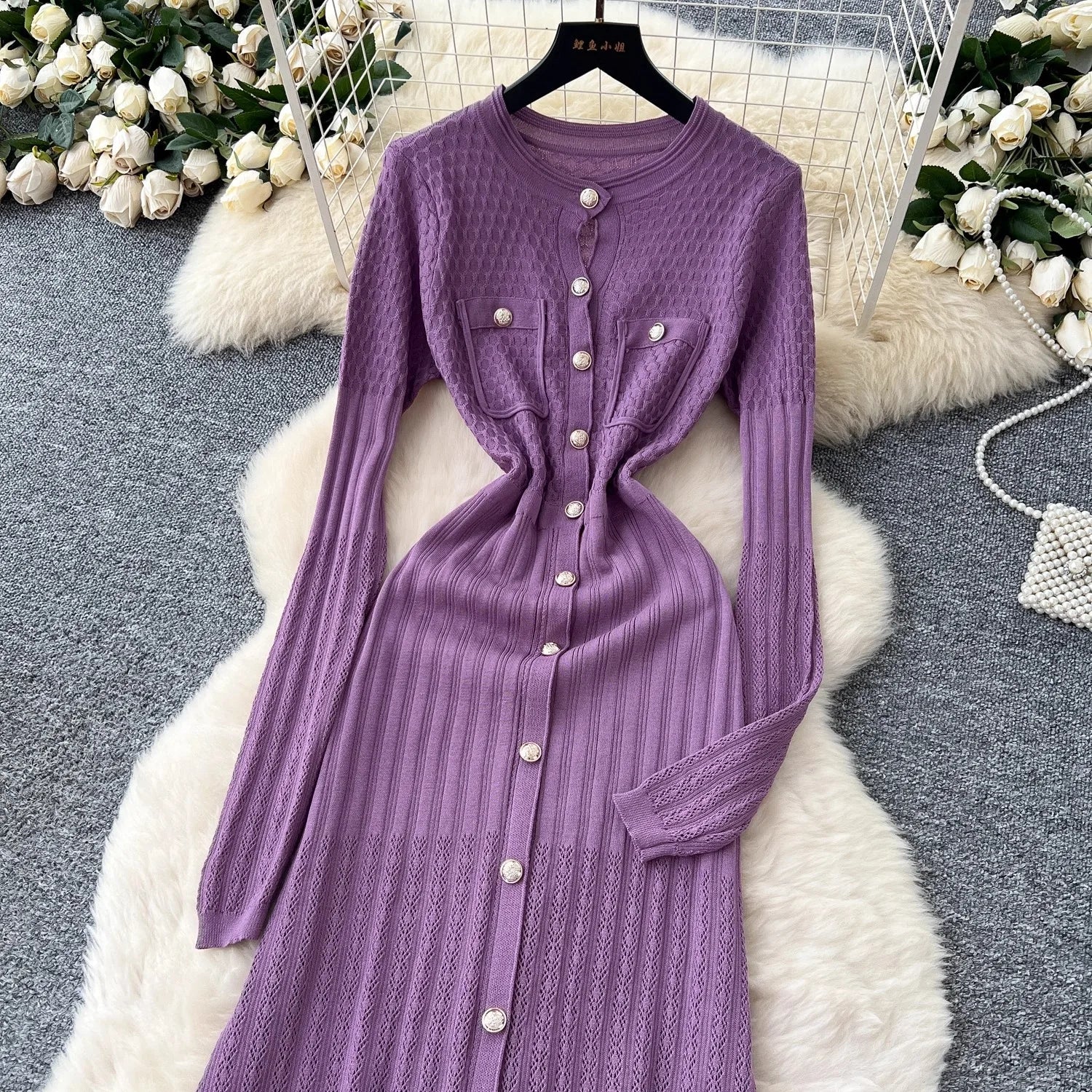 Brand Fashion Aesthetic Patchwork Knitted Maxi Dress Autumn Winter Women Luxury Shirt Sweater Dress Office Lady Vestido