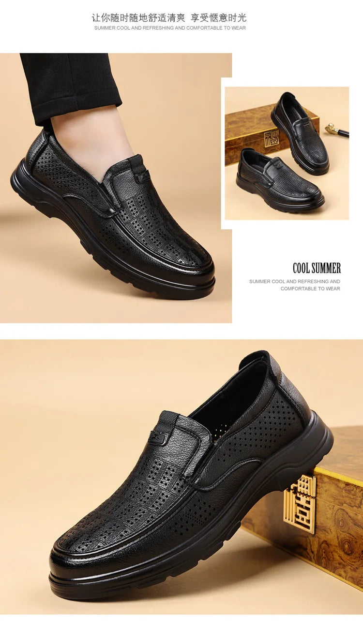 Men's Summer Breathable Leather Loafers Brown Hollow Out Slip-On Shoes Male Thick Sole Comfortable Non-slip Work Shoes for Man