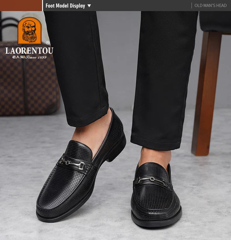 LAORENTOU men's bean shoes, genuine leather hollow out breathable business casual dad leather sandals, soft soled loafers10790DW