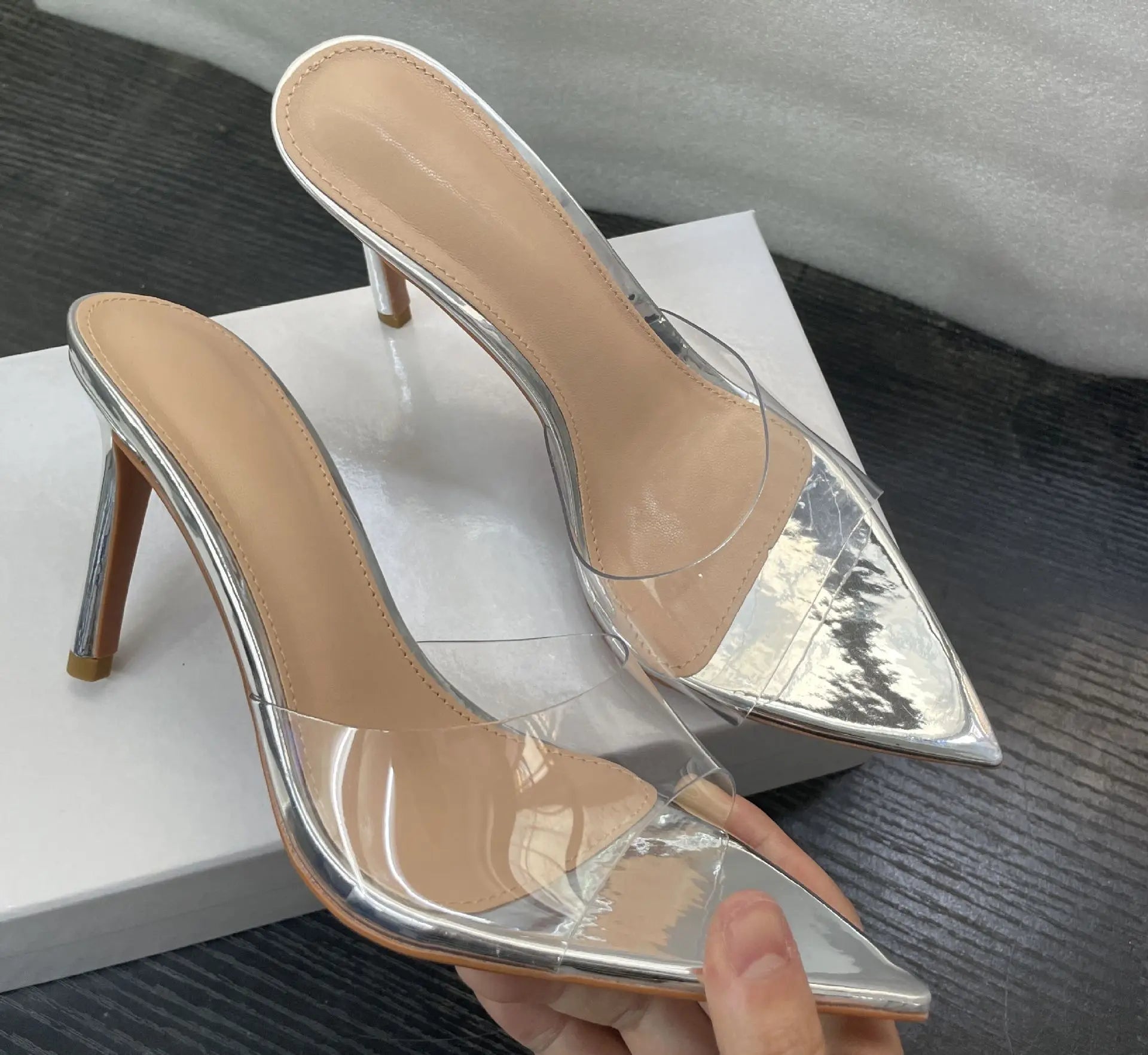 New Summer Women's High-heeled Sandals Simple Transparent High-heeled Slippers Stiletto Pointed Open-toed Slippers Mules