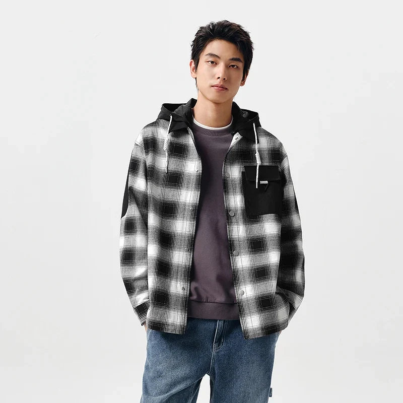 Outerwear Men 2024 Spring New Patchwork Contrast Color Checkered Top Detachable Hooded Fashionable