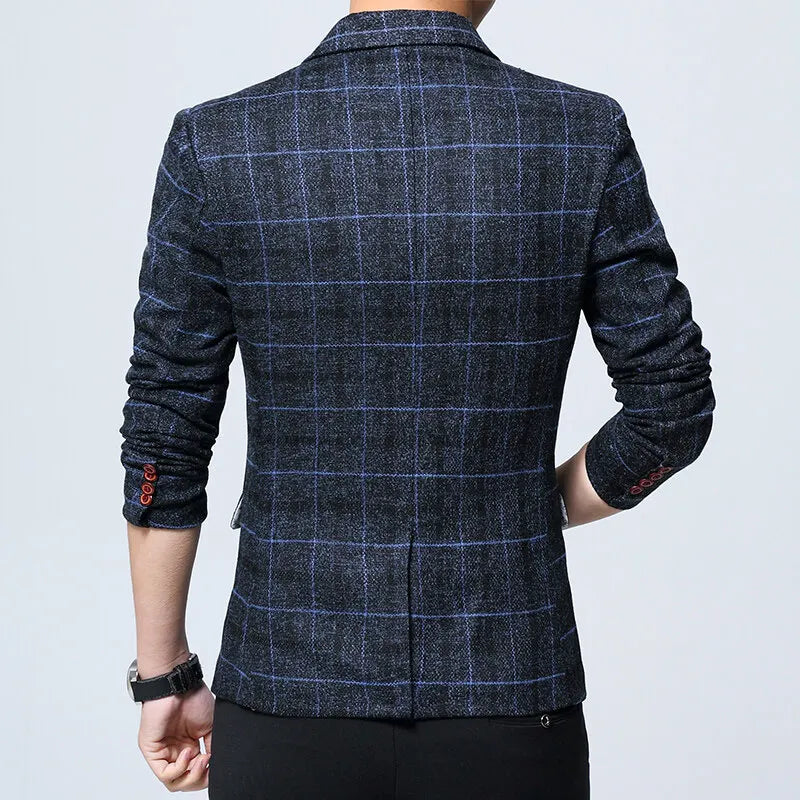 Men's Korean Style Spring Autumn Casual Small Suit Checkered Jacket Fitted Large Size Single Western Wear